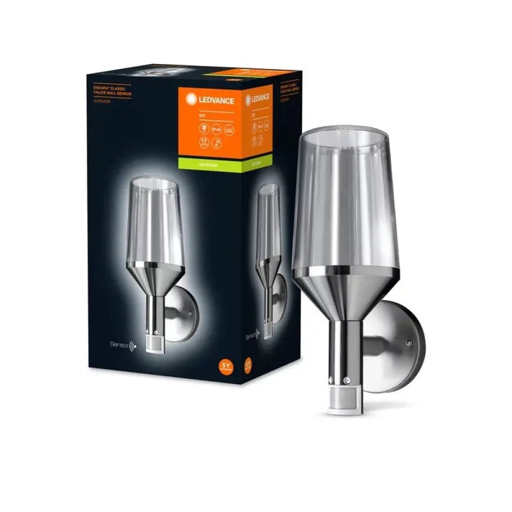 Aplica Ledvance Endura Clasic Calice, cu senzor de miscare/lumina, 161x120x290 mm, 1xE27, maxim 60W, 220-240V, IP44, Otel