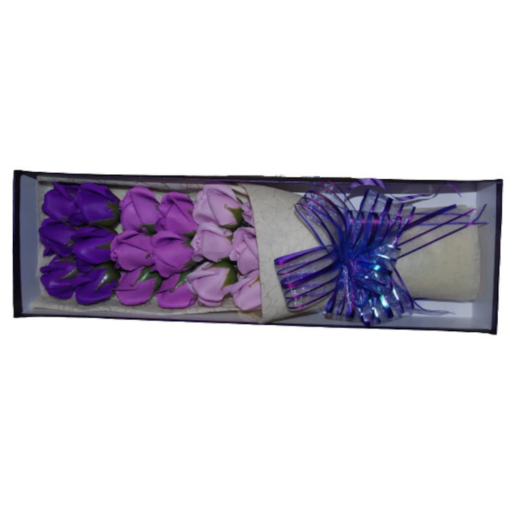 Buchet de 18 trandafiri eterni, Violet, 47,5x15 cm