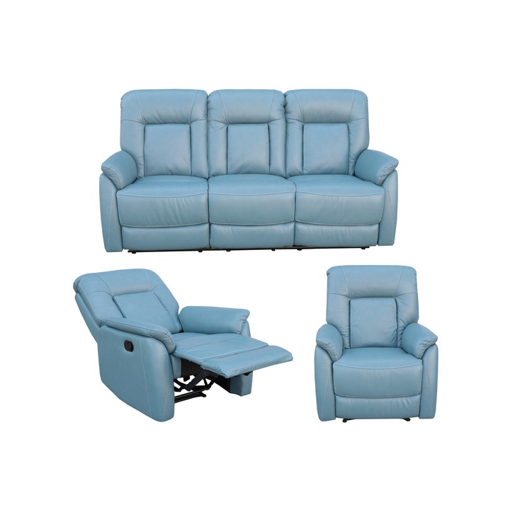 Set Model 3707, Mobila Domnel, canapea 3 locuri cu 2 reclinere manuale si 2 fotolii cu reclinere manuale, Piele naturala, Albastru B 3845