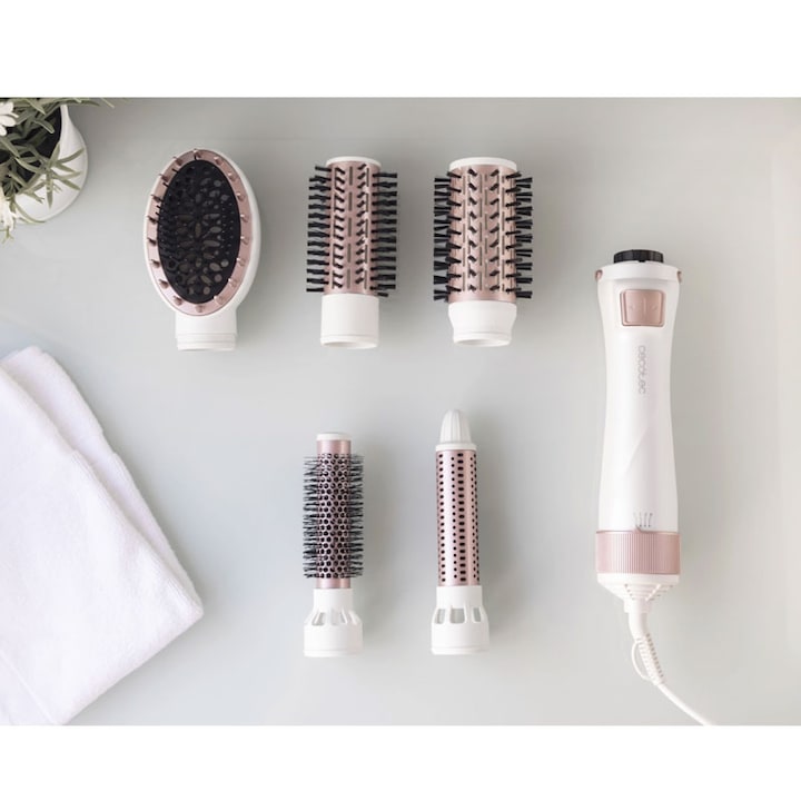 Set Perie rotativa cu 5 capete Cecotec Bamba CeramicCare 5in1Gyro Ceramica, Perie pentru indreptat parul, Perie electrica, Ondulator par
