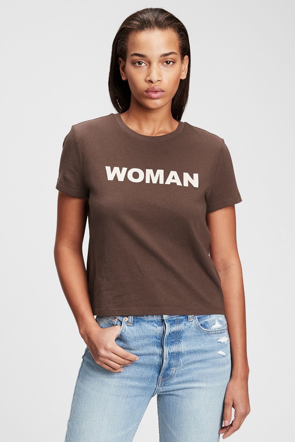 GAP, Tricou cu decolteu la baza gatului si imprimeu text, Maro/Alb prafuit
