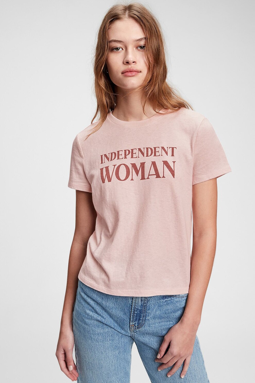 GAP, Tricou cu decolteu la baza gatului si imprimeu text, Roz prafuit/rosu inchis