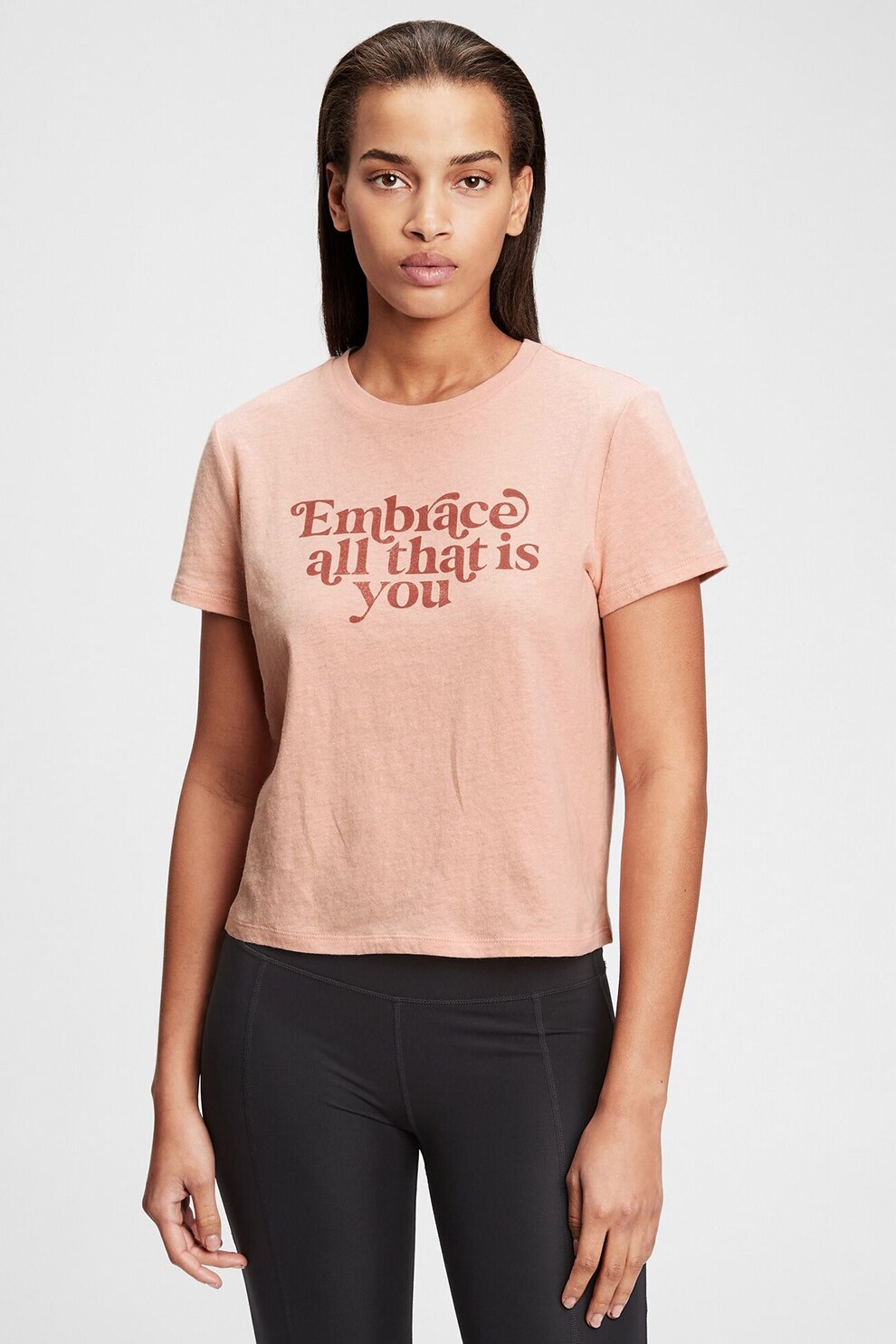 GAP, Tricou cu decolteu la baza gatului si imprimeu text, roz somon, rosu inchis