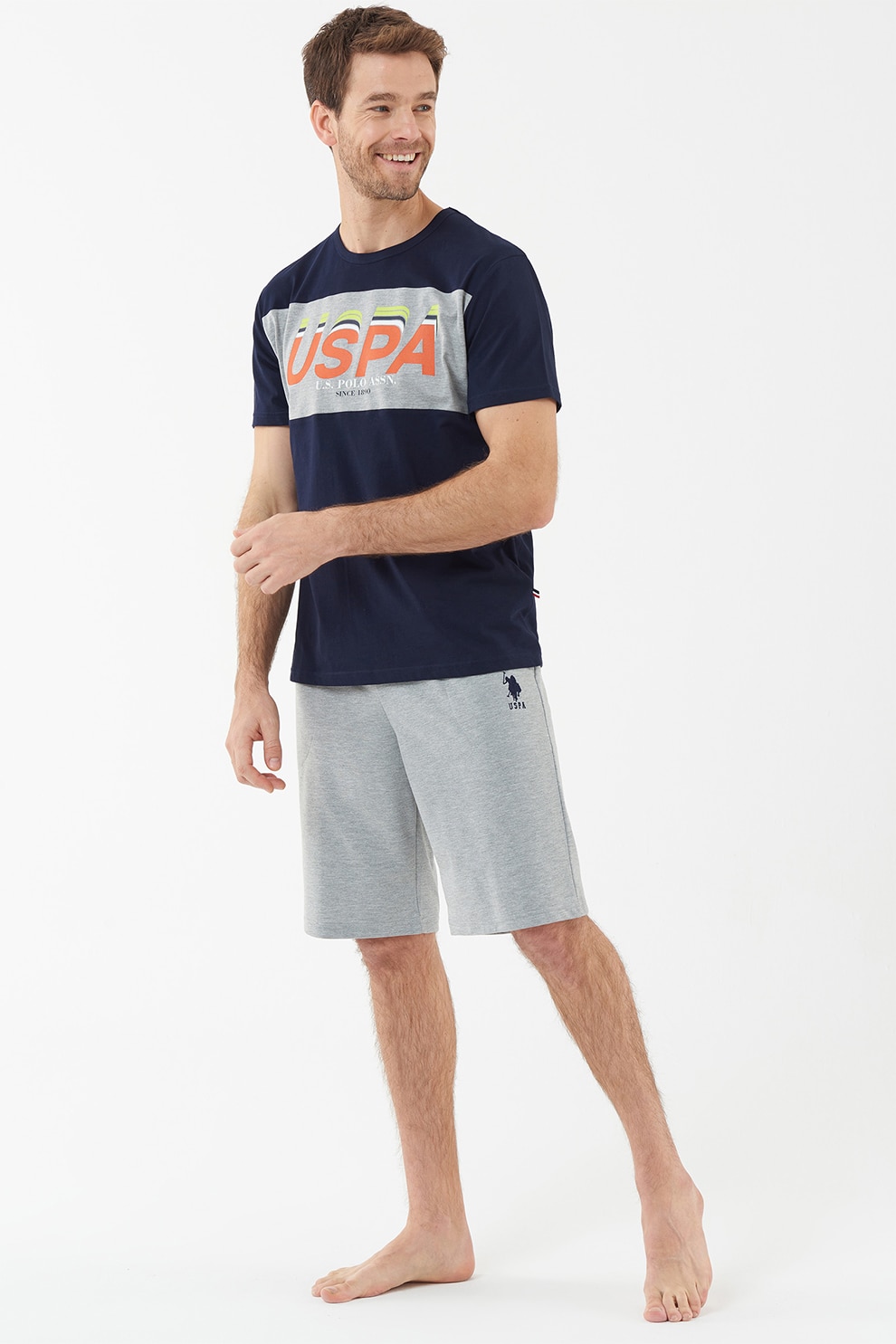 U.S. Polo Assn., Pijama scurta cu imprimeu logo, din jerseu, Bleumarin/Gri melange/Oranj