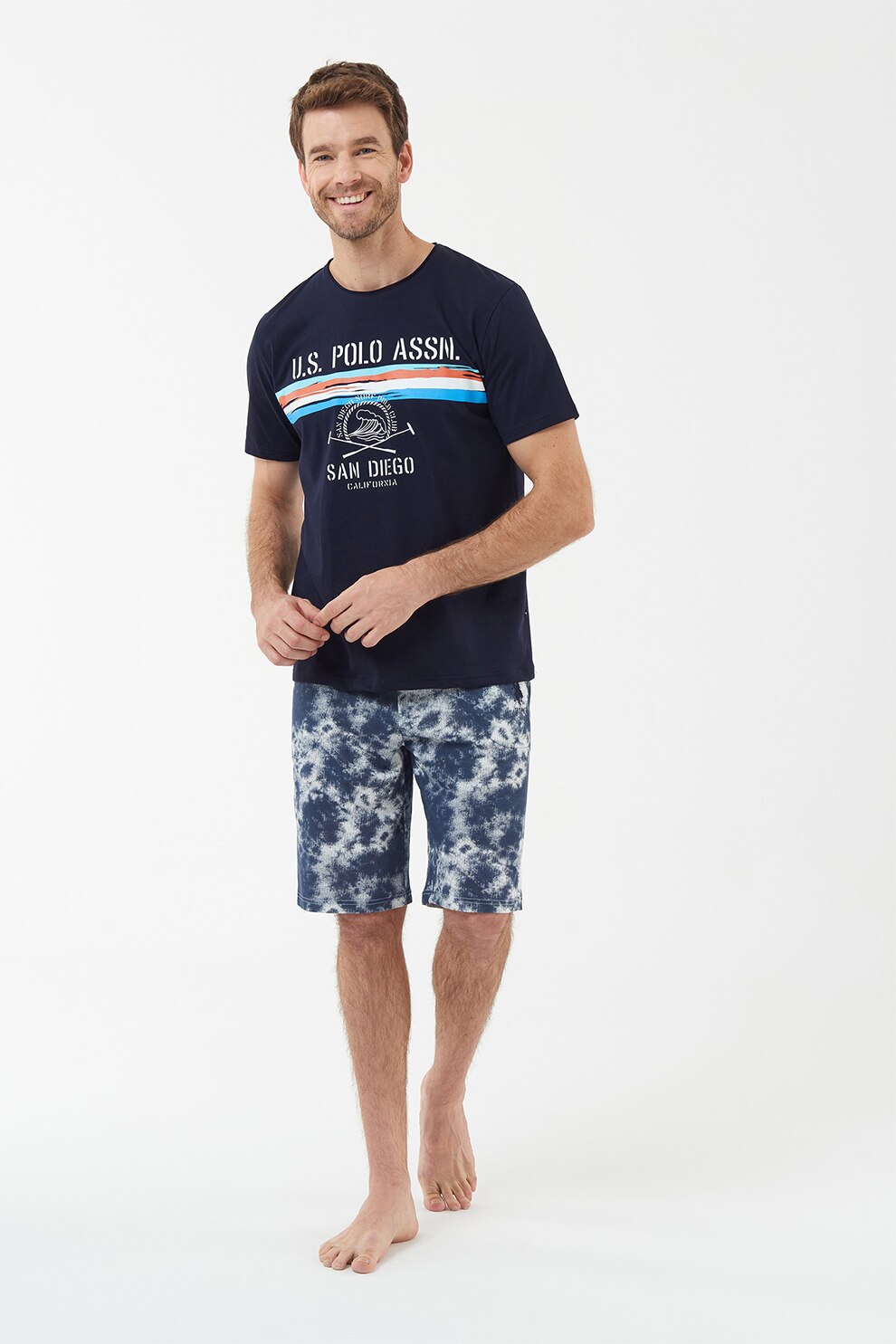 U.S. Polo Assn., Pijama cu decolteu la baza gatului si maneci scurte, Bleumarin/Alb/Albastru aqua