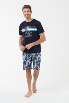 U.S. Polo Assn., Pijama cu decolteu la baza gatului si maneci scurte, Bleumarin/Alb/Albastru aqua U.S. Polo Assn., Pijama cu decolteu la baza gatului si maneci scurte, Bleumarin/Alb/Albastru aqua