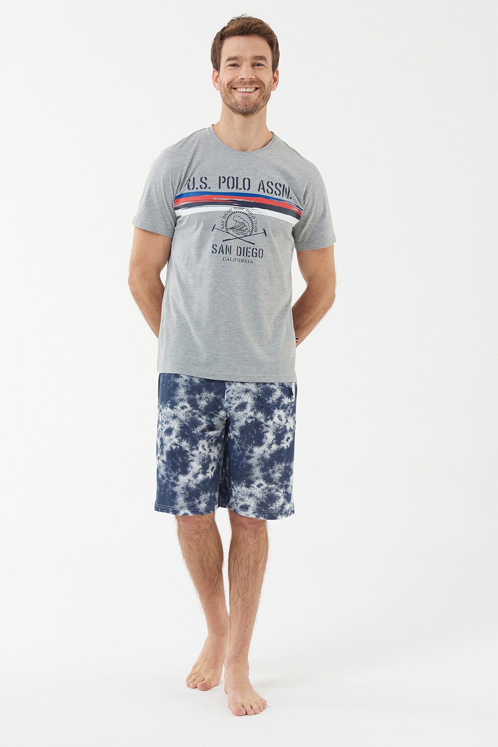 U.S. Polo Assn., Pijama cu decolteu la baza gatului si maneci scurte, Gri melange/Albastru inchis