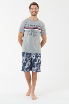 U.S. Polo Assn., Pijama cu decolteu la baza gatului si maneci scurte, Gri melange/Albastru inchis U.S. Polo Assn., Pijama cu decolteu la baza gatului si maneci scurte, Gri melange/Albastru inchis