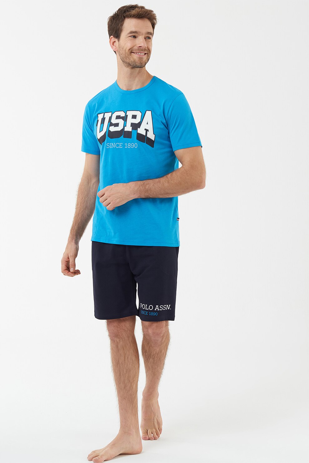 U.S. Polo Assn., Pijama cu maneci scurte si imprimeu logo, din jerseu, Albastru/Alb/Bleumarin
