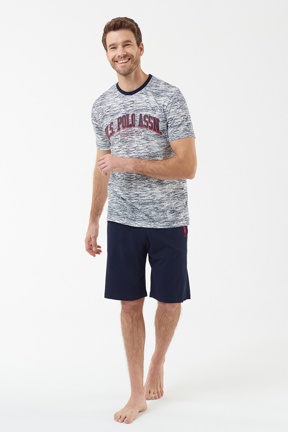 U.S. Polo Assn., Pijama cu imprimeu logo, Albastru inchis melange/Bleumarin/Rosu inchis