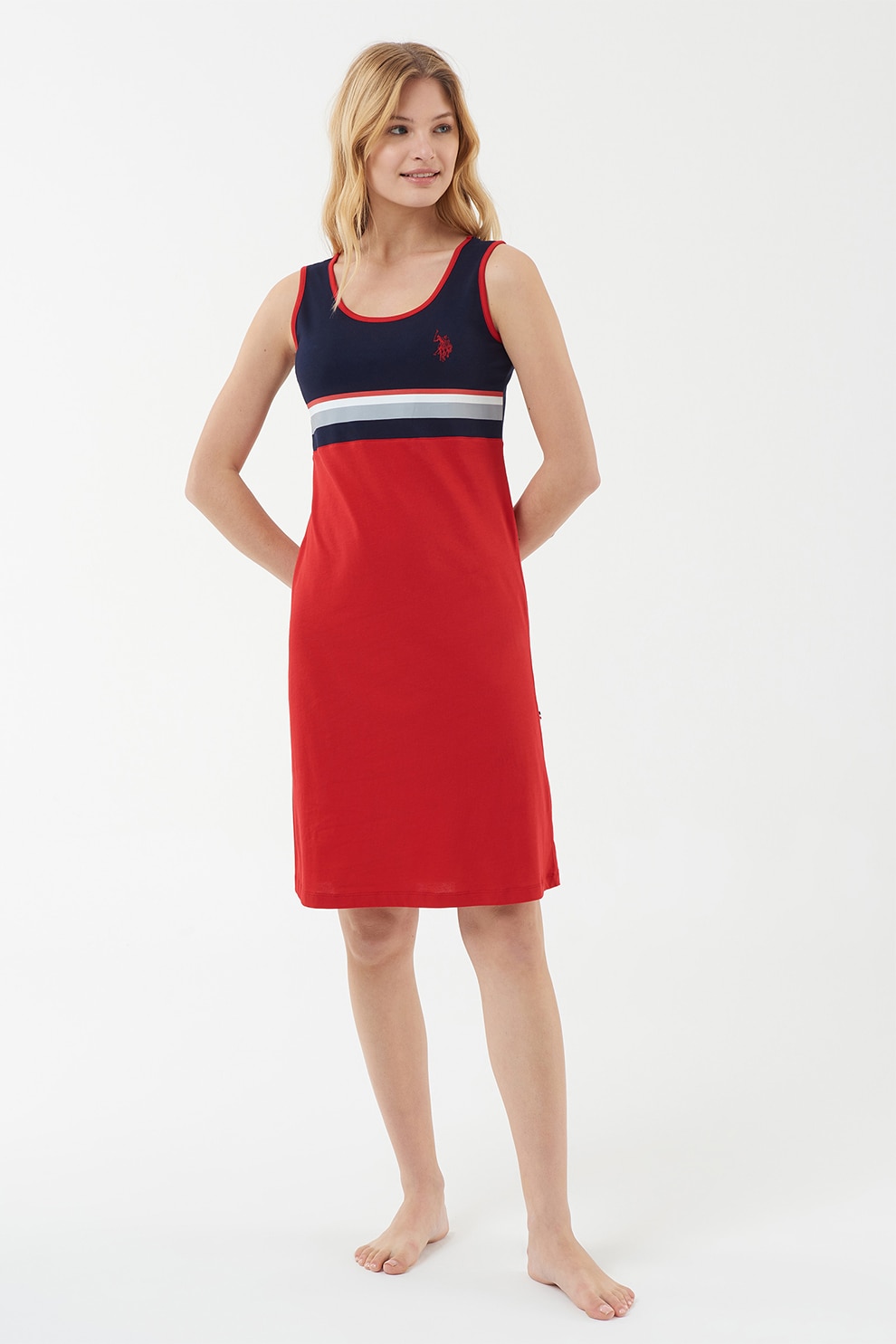 U.S. Polo Assn., Camasa de noapte din amestec de bumbac, Rosu/Bleumarin/Gri