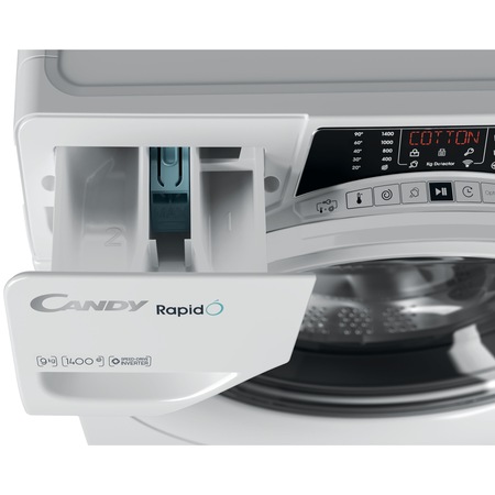 Masina de spalat rufe Candy Rapido RO 1496DWME/1-S, 9 kg, 1400 rpm, Clasa A, Motor Inverter, Wi-Fi, Mix Power Systems, Steam, Hygiene, Sport, Alb