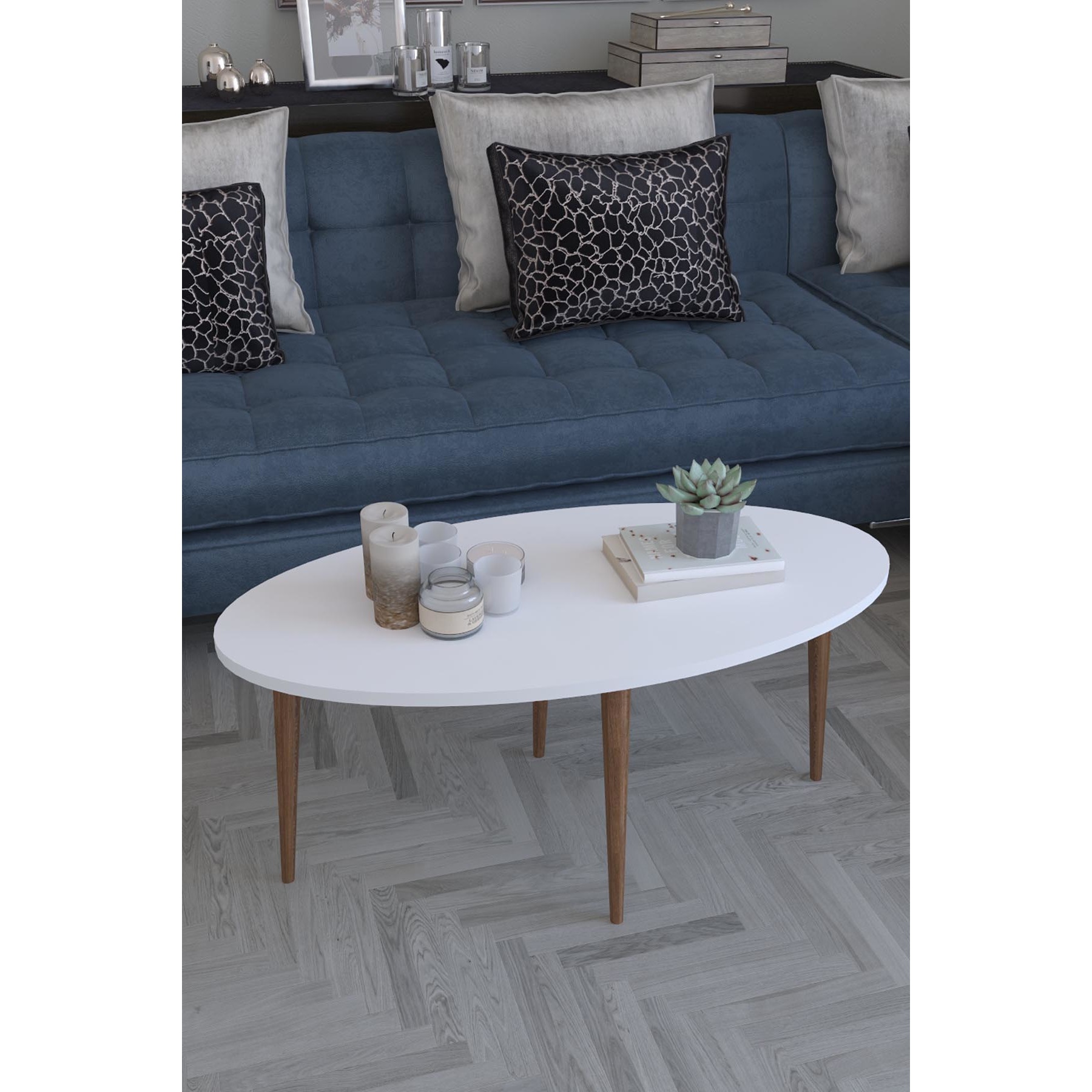 Masa de cafea ovala Istanbul Homs 90 x 45 x 40 cm, alb/nuc