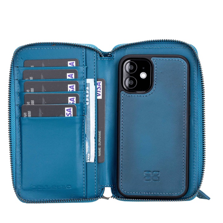 iPhone 12 Mini Tok, pénztárca, levehető hátlappal, 2 az 1-ben, természetes bőr, Bouletta Pouch Magic Wallet, Burnished blue, Kék