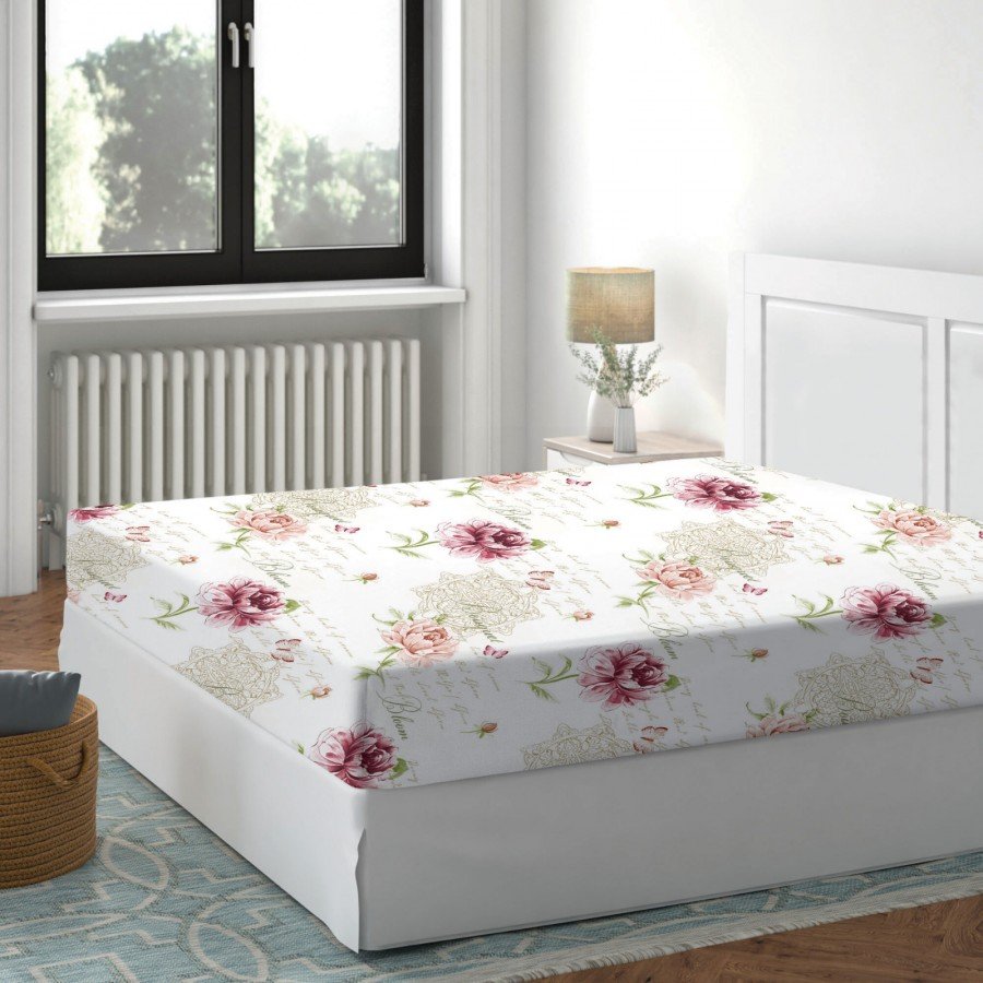 Cearceaf de pat cu elastic bumbac 100%,140x200cm, Deluxe Pucioasa, Floral Roz