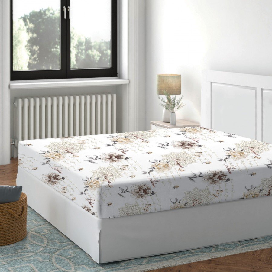 Cearceaf de pat cu elastic bumbac 100%,160x200cm, Deluxe Pucioasa, Floral Bej