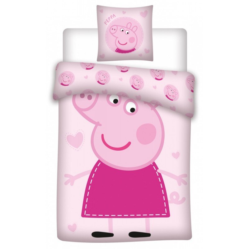 Set lenjerie de pat pentru copii, Peppa Pig Hearts, Husa pilota 140x200 cm, Husa perna 70x90 cm, Bumbac 100%, Multicolor
