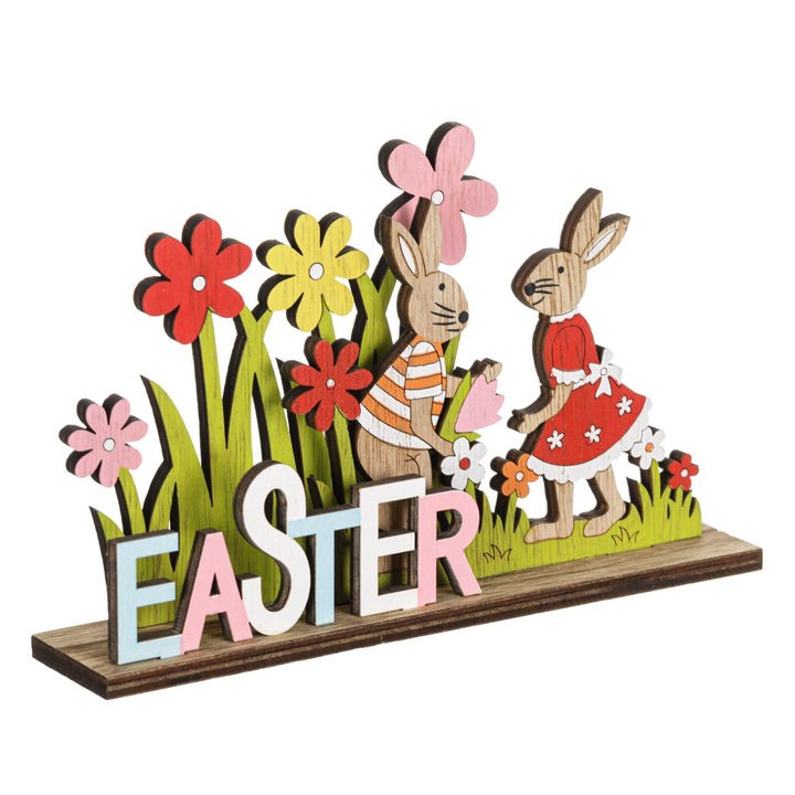 Decoratiune de paste din lemn pentru decoratea mesei cu iepurasi si decor scos in relief, Multicolor, 17x3.5x12.5 cm