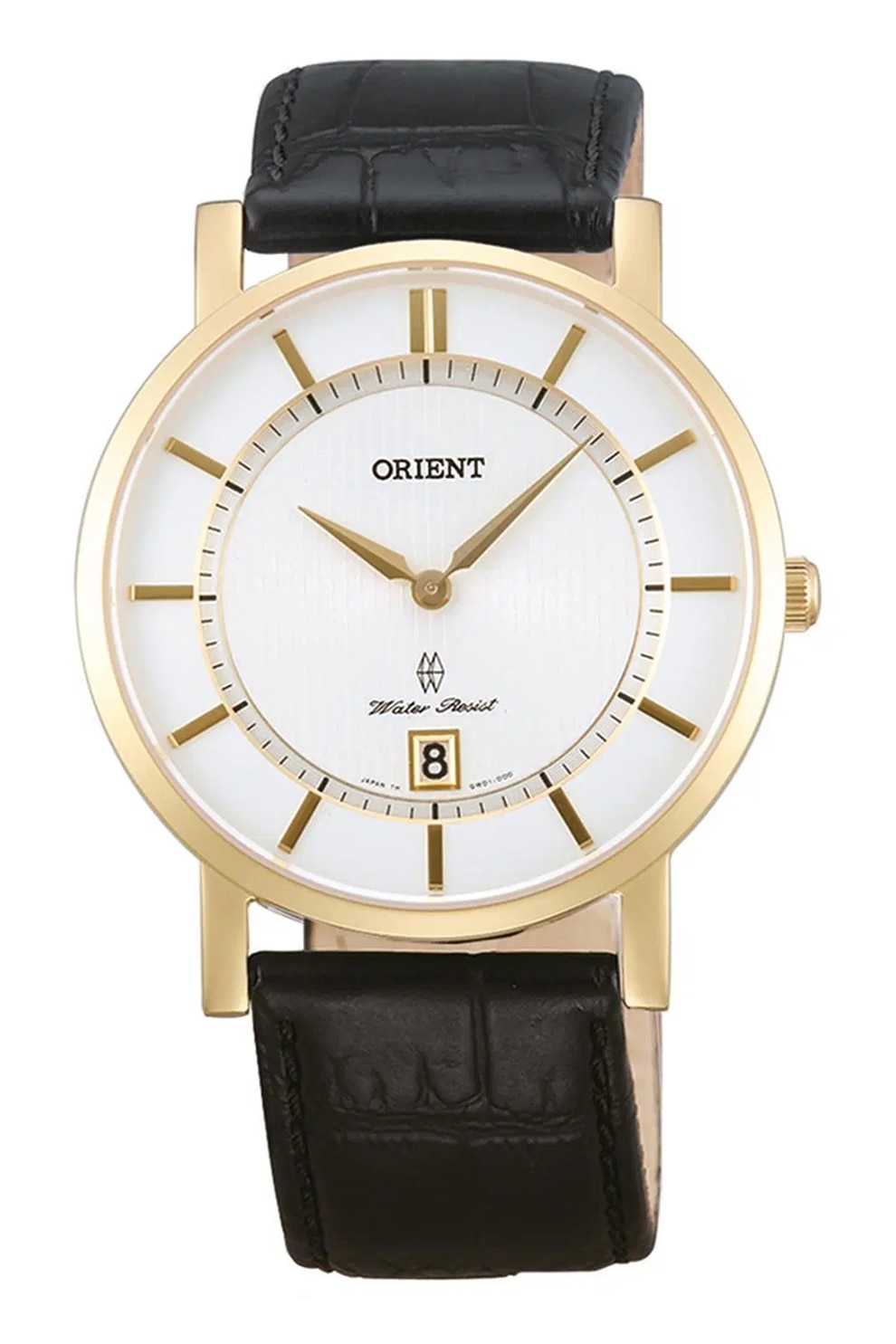 ORIENT, Ceas rotund cu o curea de piele, Negru/Alb/Auriu
