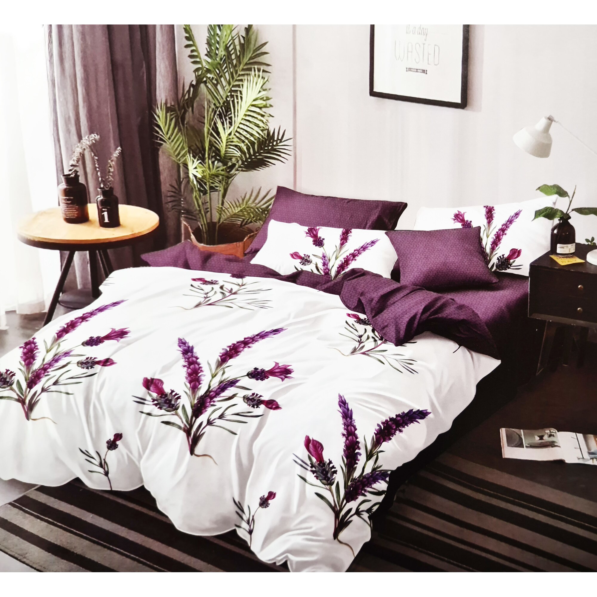 Set lenjerie de pat, Vamira, lavanda, 2 persoane, 6 piese, finet, alb/mov