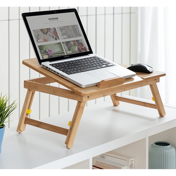Бамбукова помощна маса INNOVAGOODS Lapwood, Сгъваема, Чекмедже, Наклонена лява част за лаптоп, Светлокафяв