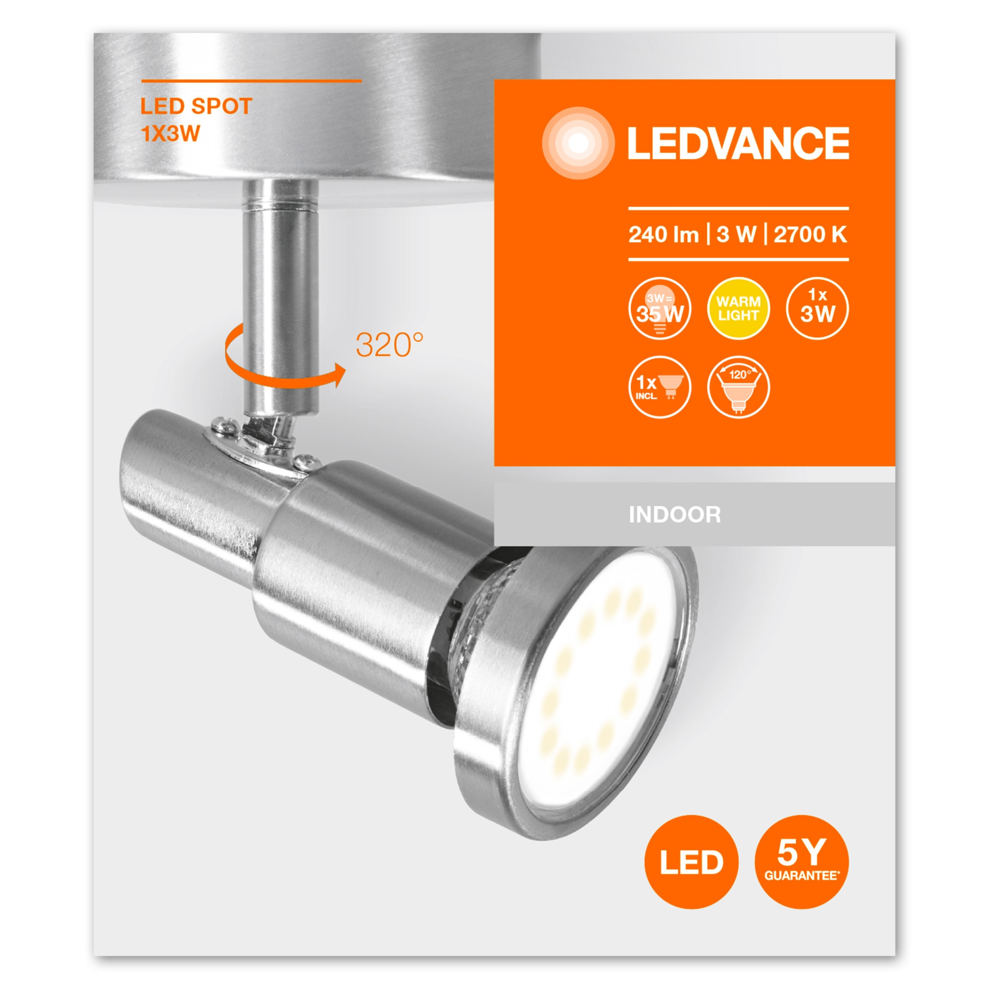 Spot Led Ledvance, GU10, 1x3 W, 2700K, 240lm, IP20,80x80x130 mm, Aluminiu,Gri