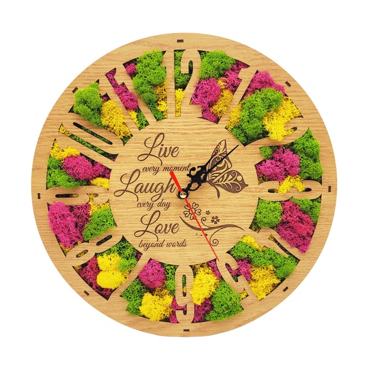 Ceas cu licheni stabilizati "Live every moment", Lemn Natur, 30 cm, Licheni verzi, galben si roz