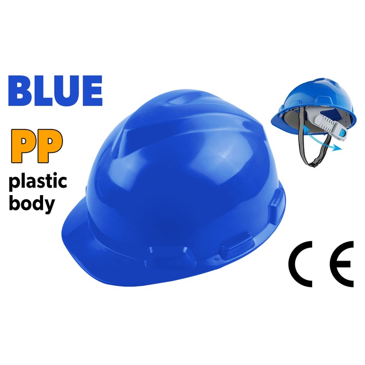 Casca de protectie TOLSEN, albastra, plastic PP, suspensie in patru puncte, curelusa barbie inclusa, ajustare usoara, aprobare CE EN397
