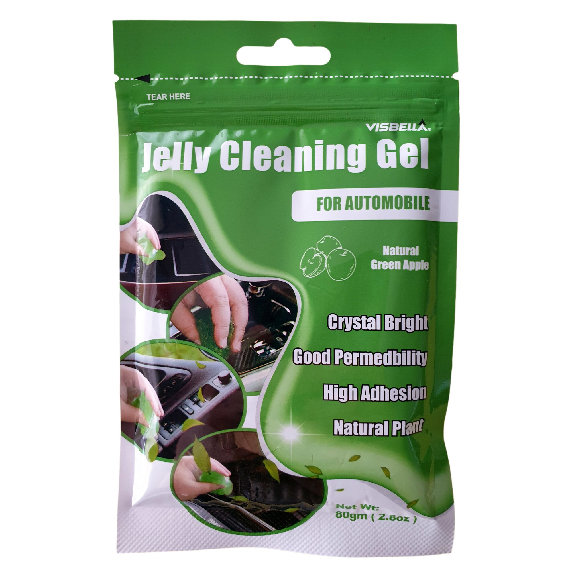 Gel Magic de curatare Visbella Jelly Cleaning pentru suprafete si locuri greu accesibile in masina, birou, acasa, Verde, Natural Green Apple 80g
