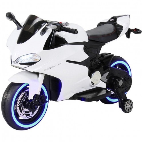 Motocicleta electrica SX1628 alb cu roti luminate LED, acceleratia si viteza pe maner, roti spuma EVA, scaun din piele neagra