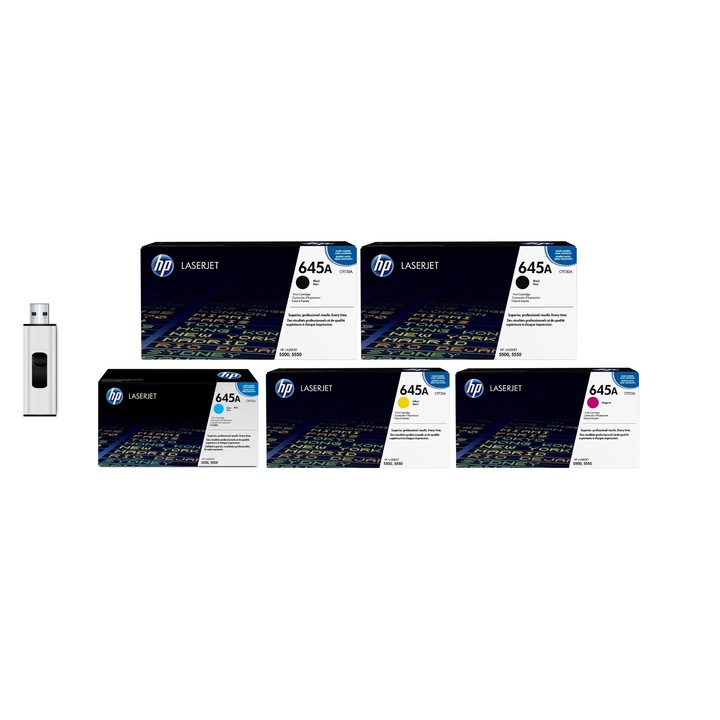 Eredeti tonercsomag 1X C9730A 645A fekete, 1X C9730A 645A fekete, 1X C9731A 645A cián, 1X C9732A 645A sárga és MediaRange USB 3.0 flash meghajtó, 64 GB.