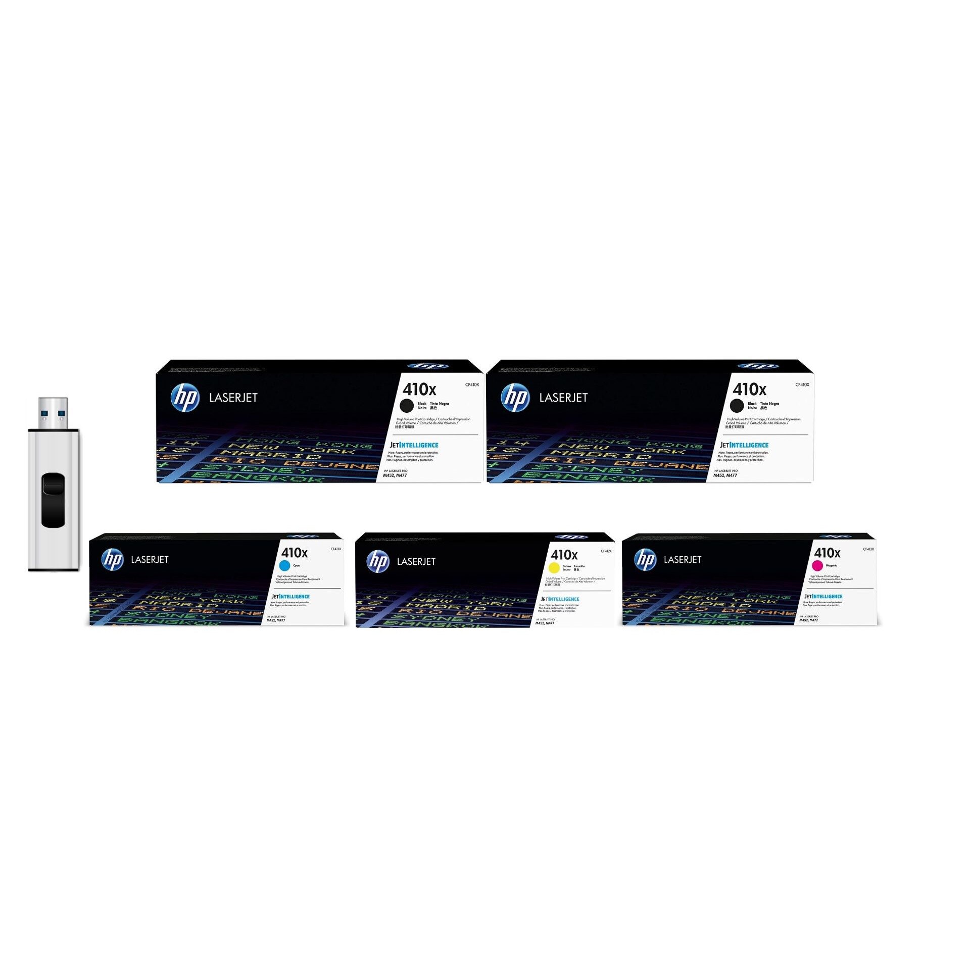 Pachet Toner Original 1X CF410X 410X Black, 1X CF410X 410X Black, 1X CF411X 410X Cyan, 1X CF412X 410X Yellow si MediaRange USB 3.0 flash drive, 64GB