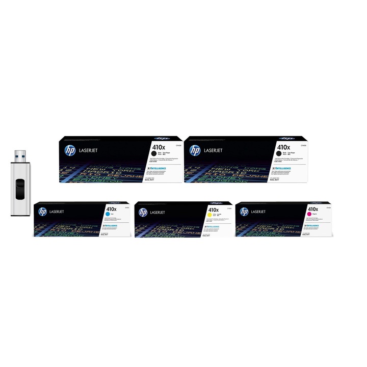 Eredeti festékcsomag 1X CF410X 410X fekete, 1X CF410X 410X fekete, 1X CF411X 410X ciánkék, 1X CF412X 410X sárga és MediaRange USB 3.0 flash meghajtó, 64 GB