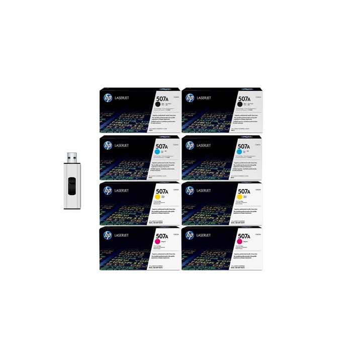 Eredeti tonercsomag 1X CE400A 507A fekete, 1X CE400A 507A fekete, 1X CE401A 507A cián, 1X CE401A 507A cián és MediaRange USB 3.0 flash meghajtó, 64 GB