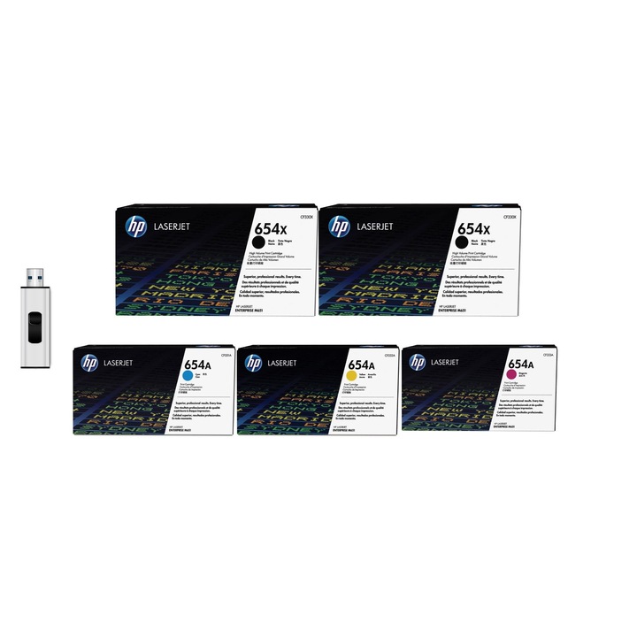 Eredeti tonercsomag 1X CF330X 654X fekete, 1X CF330X 654X fekete, 1X CF331A 654A cián, 1X CF332A 654A sárga és MediaRange USB 3.0 flash meghajtó, 64 GB