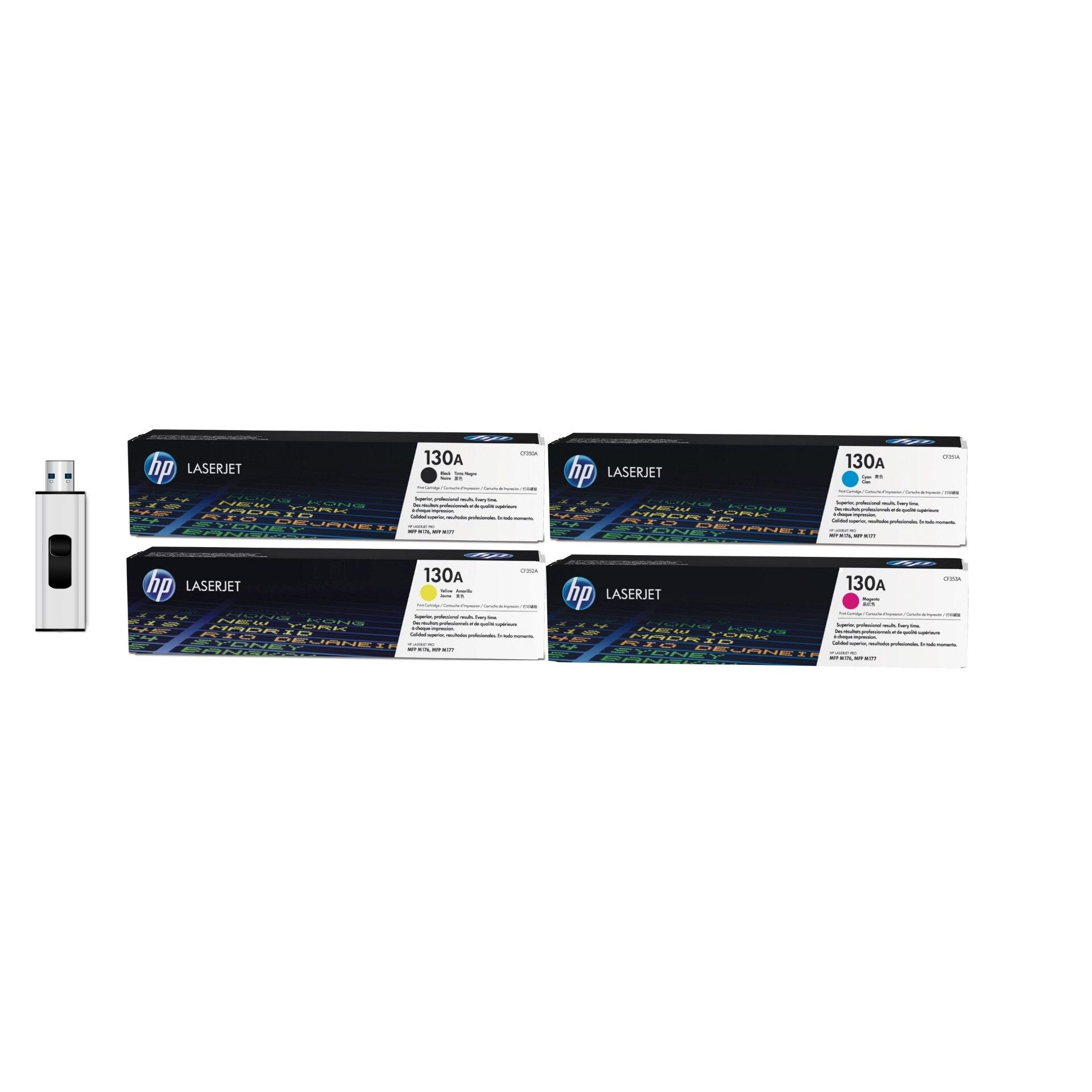 Pachet Toner Original 1X CF350A 130A Black, 1X CF351A 130A Cyan, 1X CF352A 130A Yellow, 1X CF353A 130A Magenta si MediaRange USB 3.0 flash drive, 64GB.