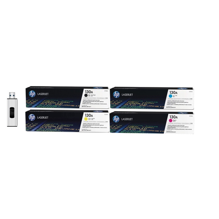 Eredeti tonercsomag 1X CF350A 130A fekete, 1X CF351A 130A cián, 1X CF352A 130A sárga, 1X CF353A 130A Magenta és MediaRange USB 3.0 flash meghajtó, 64 GB.