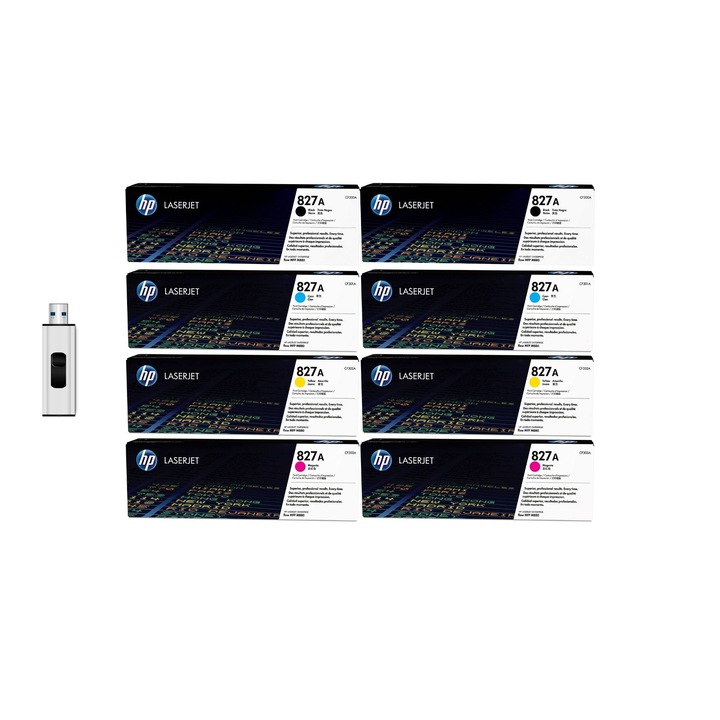 Eredeti tonercsomag 1X CF300A 827A fekete, 1X CF300A 827A fekete, 1X CF301A 827A cián, 1X CF301A 827A cián és MediaRange USB 3.0 flash meghajtó, 64 GB.