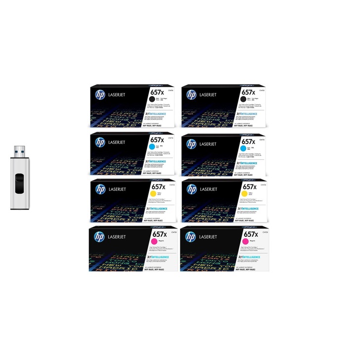 Eredeti tonercsomag 1X CF470X 657X fekete, 1X CF470X 657X fekete, 1X CF471X 657X cián, 1X CF471X 657X cián és MediaRange USB 3.0 flash meghajtó, 64 GB
