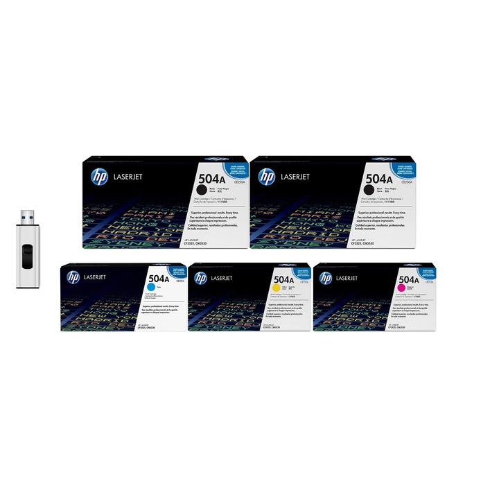 Eredeti tonercsomag 1X CE250A 504A fekete, 1X CE250A 504A fekete, 1X CE251A 504A cián, 1X CE252A 504A sárga és MediaRange USB 3.0 flash meghajtó, 64 GB