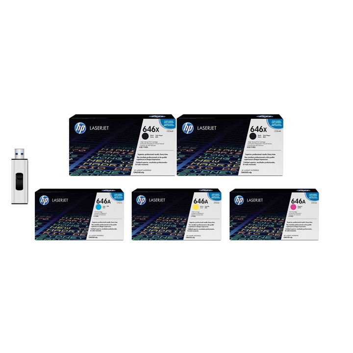 Eredeti tonercsomag 1X CE264X 646X fekete, 1X CE264X 646X fekete, 1X CF031A 646A cián, 1X CF032A 646A sárga és MediaRange USB 3.0 flash meghajtó, 64 GB