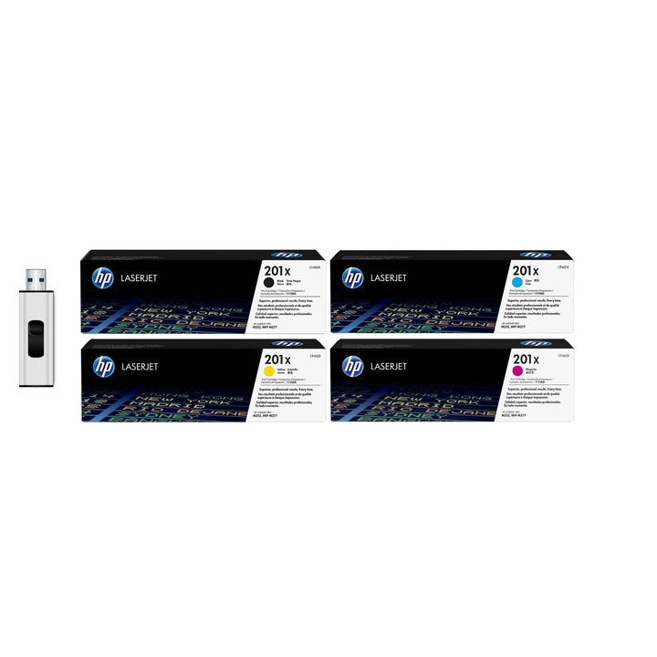 Eredeti tonercsomag 1X CF400X 201X fekete, 1X CF401X 201X cián, 1X CF402X 201X sárga, 1X CF403X 201X Magenta, MediaRange USB 3.0 flash meghajtó, 64 GB