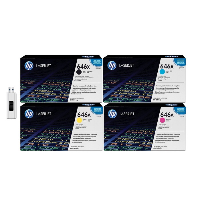 Eredeti tonercsomag 1X CE264X 646X fekete, 1X CF031A 646A cián, 1X CF032A 646A sárga, 1X CF033A 646A Magenta és MediaRange USB 3.0 flash meghajtó, 64 GB