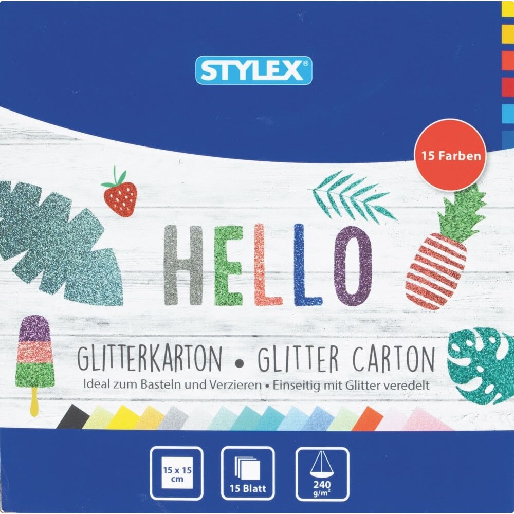 Set 15 cartoane cu glitter Stylex-15x15 cm, 15 culori, 240gr/mp