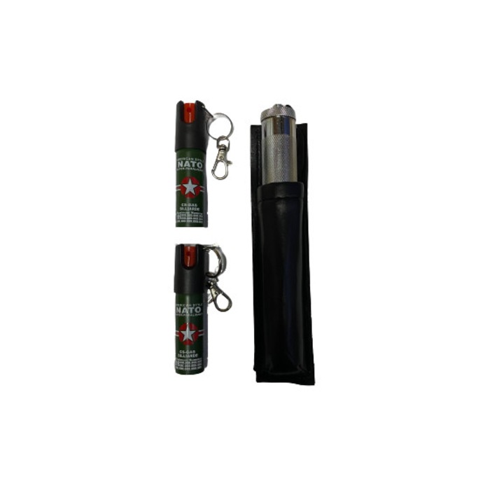 Set Autoaparare, format din Baston telescopic, profesional, 4 segmente, 65 cm, 2 Spray Nato, 20 ml