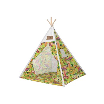 Set cort pentru copii, Teepee Montessori 165x120x120, model in stil indian, imprimeu cu dinozauri, in nuante de verde Set cort pentru copii, Teepee Montessori 165x120x120, model in stil indian, imprimeu cu dinozauri, in nuante de verde