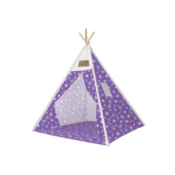 Set cort pentru copii, Teepee Montessori 165x120x120, model in stil indian, imprimeu cu stelute, in nuante de mov Set cort pentru copii, Teepee Montessori 165x120x120, model in stil indian, imprimeu cu stelute, in nuante de mov