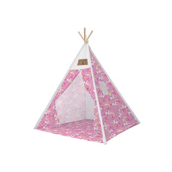 Set cort pentru copii Teepee Montessori 165x120x120, model in stil indian, imprimeu cu unicorni, in nuante de roz intens Set cort pentru copii Teepee Montessori 165x120x120, model in stil indian, imprimeu cu unicorni, in nuante de roz intens
