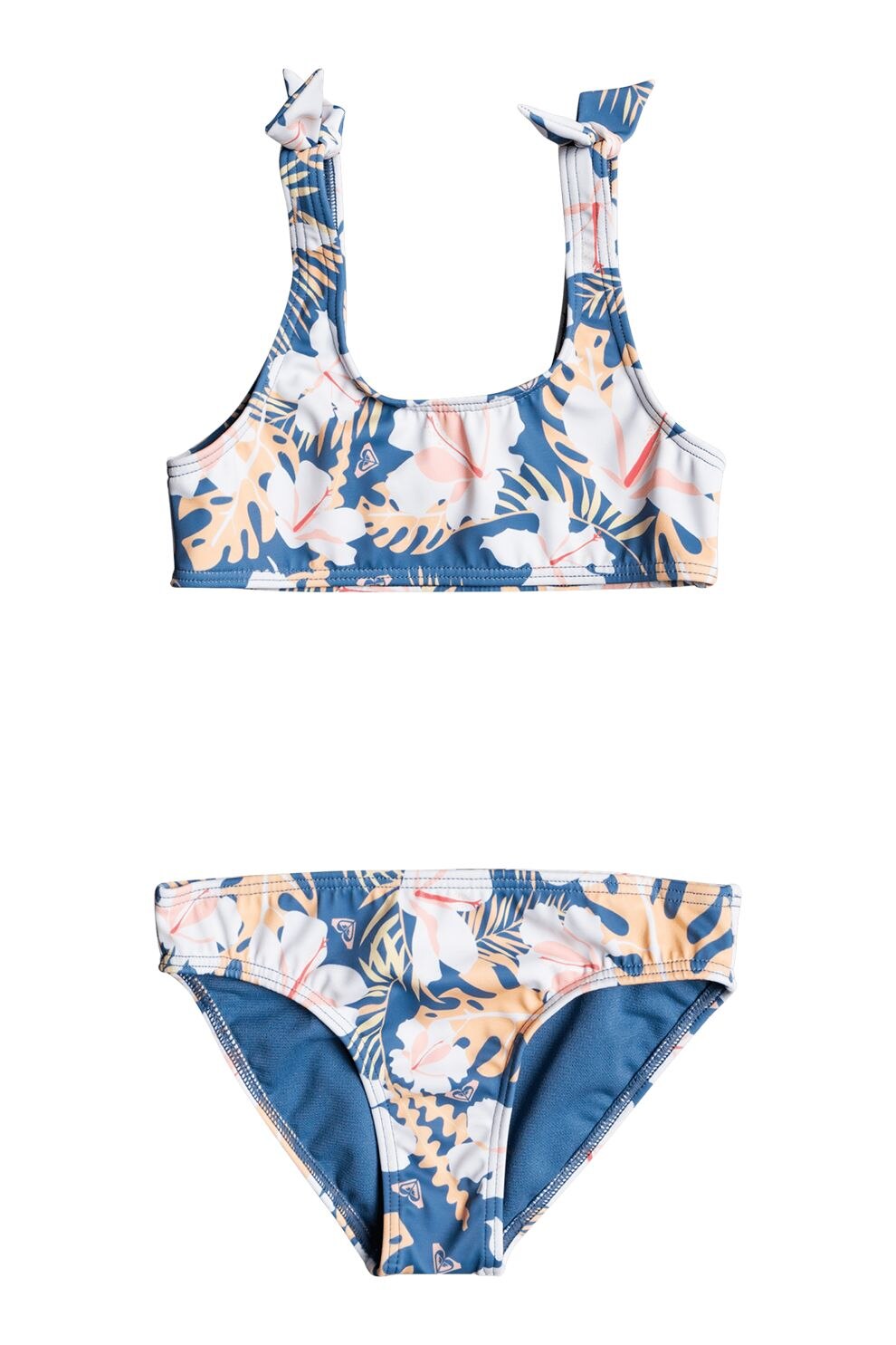 ROXY, Costum de baie in doua piese cu imprimeu floral Lovers, Albastru inchis/alb/roz piersica