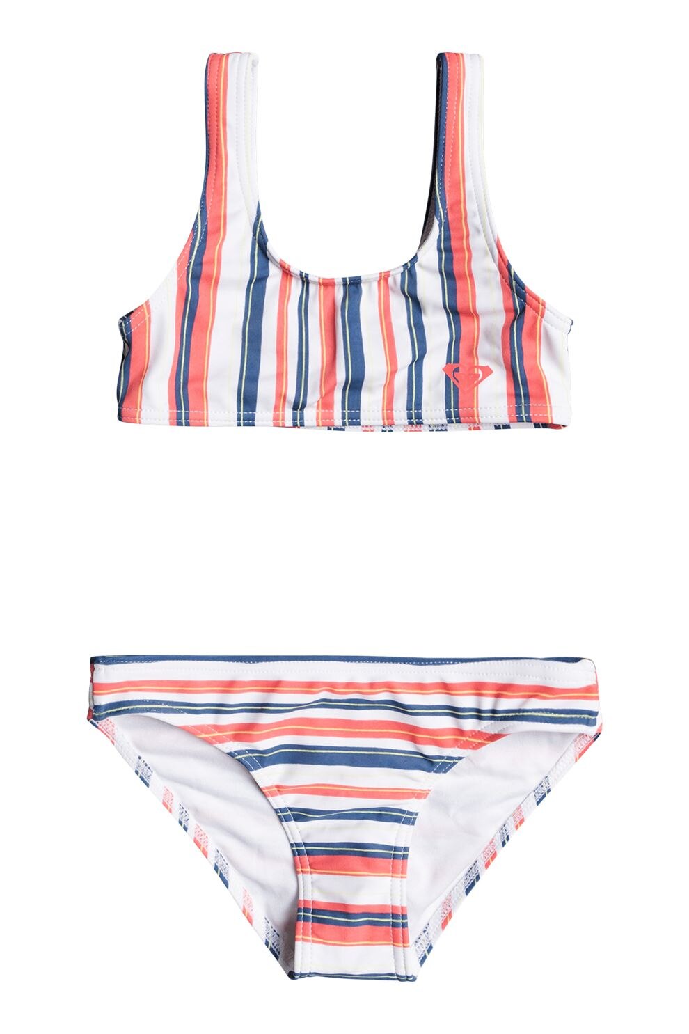 ROXY, Costum de baie in doua piese cu model in dungi Surf Fee, Rosu/albastru/verde pal